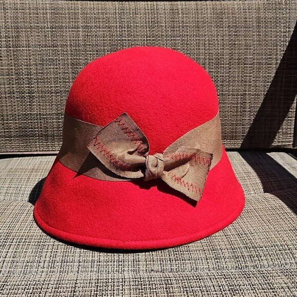 Peter Grimm Wool Cloche Hat Red Womens One Size Grosgrain Bow Wide Brim Hat Band - Picture 11 of 11